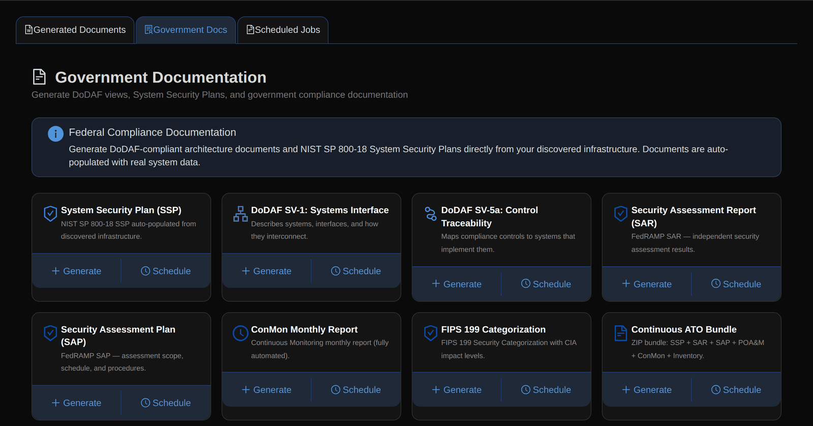 Government Documentation page offering System Security Plan, DoDAF views, security assessment report and plan, ConMon report and FIPS 199 categorization